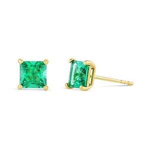 Tea 14K SOLID GOLD Emerald Earrings Square Studs 1 Pair of Solid Gold Emerald Small Gemstone Real Gold Stud Earrings Crystals Gift for Her