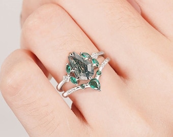 Skye Coffin Green Moss Agate Ring Set - Sterling Silver Engagement Ring - Vintage Emerald Promise Ring - Anniversary Gift For Her Birthday