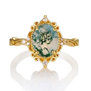 Keri Moss Agate Engagement Ring For Women 14k Gold Filled Anniversary Gift For Her Promise Unique Natural Wedding Vintage Dainty Statement