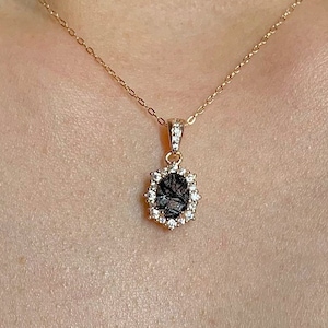 Lin Natural Black Rutilated Quartz Necklace Birthday Gift For Her Pendant Gemstone 14K Gold Filled Minimalist Dainty Wedding Diamond CZ 925