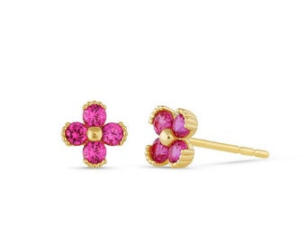 Jay Ruby 14K Solid Gold Stud Pendientes Tiny Minimalist Earring Crystal Flower Amethyst Regalo del Día de la Madre para su Piedra Preciosa de Zafiro de Navidad