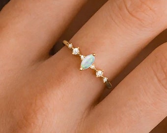 Ava Opal Ring Sterling Silver Rings For Women 14K Rose Gold Ring Gemstone Ring Gift Dainty Diamond Statement Ring Minimalist Crystal Jewelry