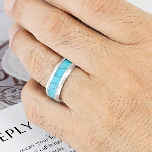 Joey Turquoise Mens Wedding Band 8mm Tungsten Ring Mens Ring Matte Silver Unique Wedding For Him Gift Anniversary Jewelry Blue Gemstone 925