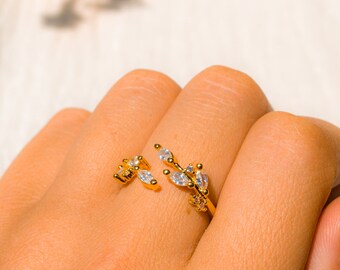 Moon Star Baguette Open End Yellow Gold Rings with CZ Fresh Water Pearls 14K Gold Plated Adjustable Statement Rings Gift for Her Bridal Gift