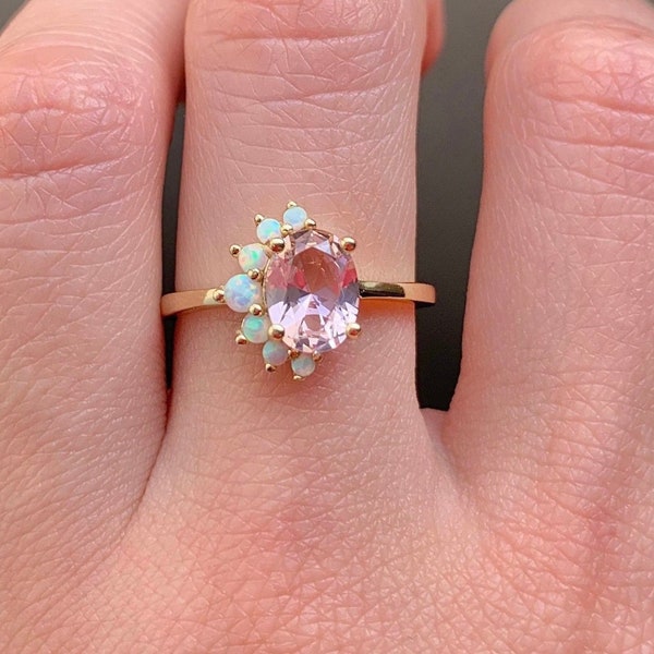 Ari Morganite Rings For Women Pink 14K Gold Filled Gemstone Dainty Statement Engagement Gift Minimalist Vintage Crystal Sterling Silver 925