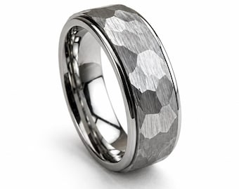 Calvin Hammered Silver Wedding Band for Men Engagement 8mm Brushed Tungsten Band Flat Unique Tungsten Ring for Him Faceted Unisex Promise