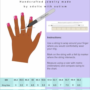 May include: A chart showing how to measure your finger size for rings using a string and a ruler. The chart shows ring sizes in millimeters and inches. The chart is titled "KHERISH JEWELRY Handcrafted jewelry made by adults with autism".