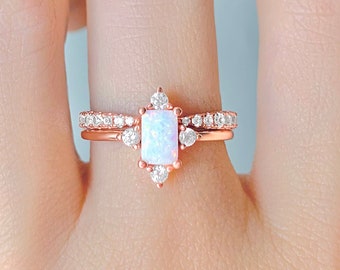 Sia Natural Opal Ring Set - 14K Rose Gold Filled Engagement Promise Ring For Women October Birthstone - Anniversary Birthday Gift For Her