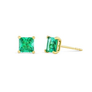 Tea 14K SOLID GOLD Emerald Earrings Square Studs 1 Pair of Solid Gold Emerald Small Gemstone Real Gold Stud Earrings Crystals Gift for Her