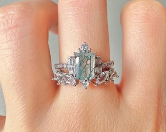 Sea Vintage Green Moss Agate Ring Set Sterling Silver Gold Natural Agate Engagement Promise Statement Gemstone Anniversary Gift For Her Wife