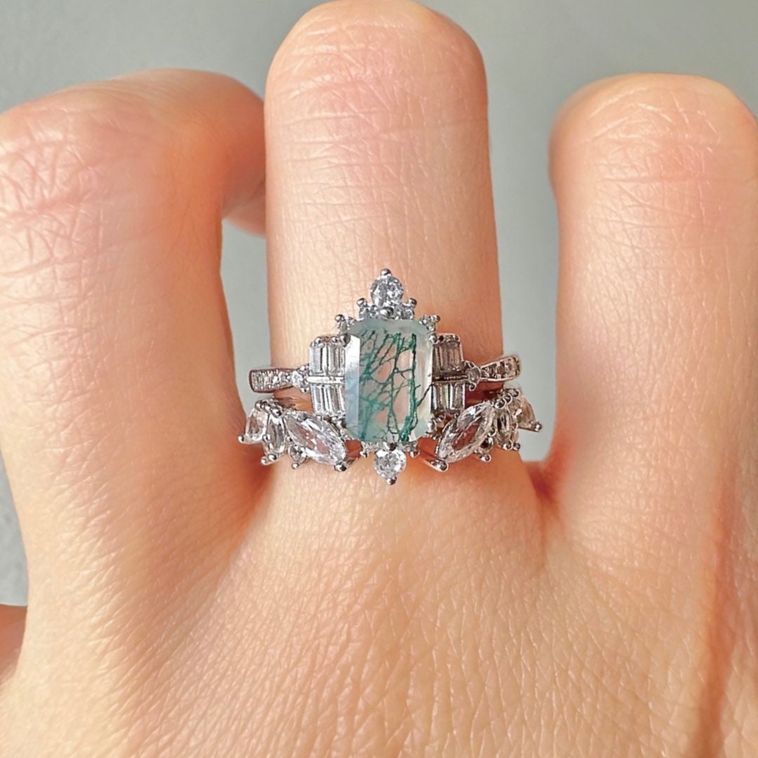 Sea Vintage Green Moss Agate Ring Set Sterling Silver Gold Natural