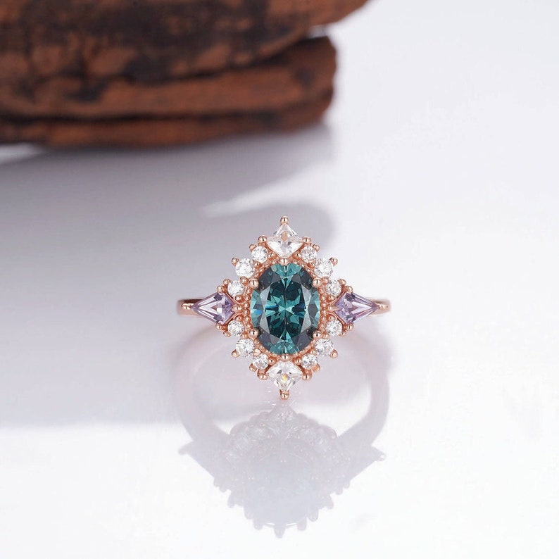 Moria Teal Sapphire Promise Ring Amethyst 14K Rose Gold Filled Peacock Engagement Art Deco Gemstone Statement Anniversary Gift For Her 925 image 3