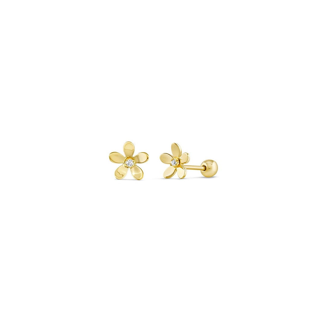 Mya 14K Solid Gold Flower Earrings Stud Tiny Minimalist CZ Crystal ...