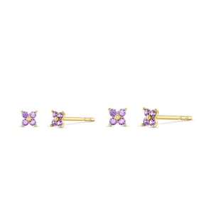 Aros pequeños de amatista lila en oro macizo de 14 quilates, minimalistas, de cristal, estilo vintage, regalo para el día de la madre, flor de Navidad, piedra natal de febrero