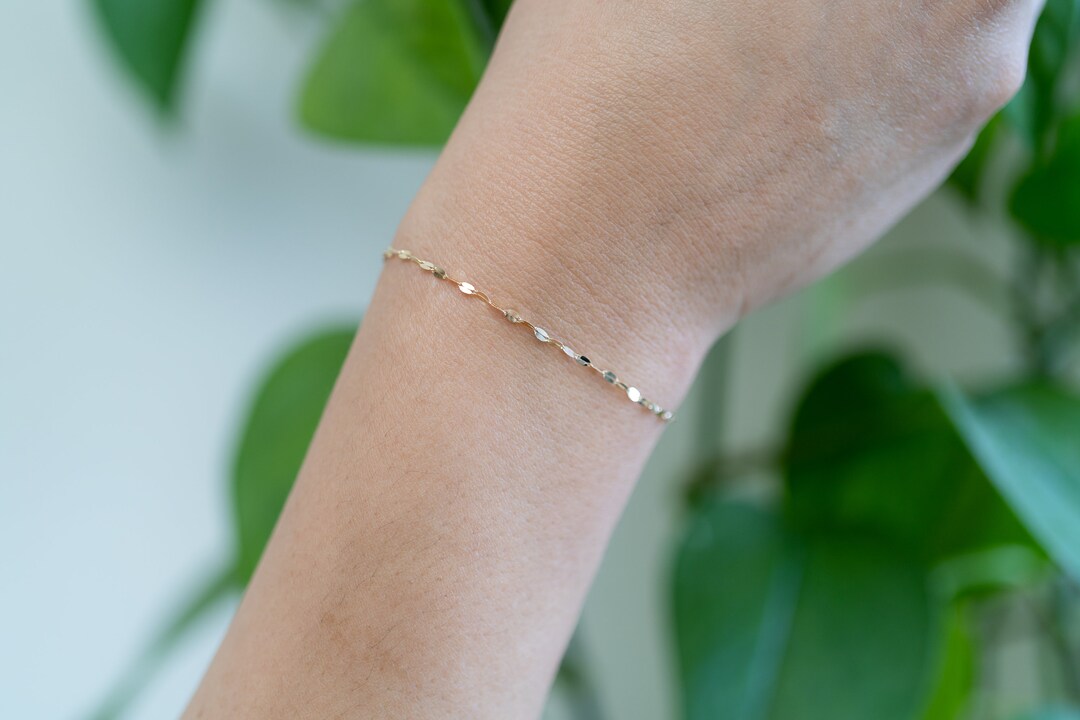 14K SOLID GOLD Sequin Chain Dainty Bracelet 14K Real Gold Chain