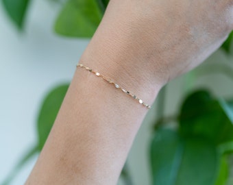 14K SOLID GOLD Sequin Chain Dainty Bracelet 14K Real Gold Chain Bracelet Yellow Gold Minimalist Delicate Chain Gift For Her Sister Mother