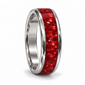 Carl 8mm Red Fire Opal Ruby Ring, Silver Tungsten Band Men Wedding, Opal Crushed Ruby Polished Dome Comfort Fit Silver Jewelry For Him Gift