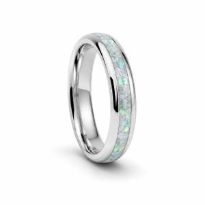 Geri Tungsten Wedding Band, Crushed White Fire Opal, Silver Rose Gold, 4mm Comfort Fit Ring