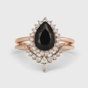Asa Black Diamond Ring Set 14K Rose Gold Vermeil - Pear Cut Black Onyx Engagement Ring Promise - Anniversary Gift For Her - Crystal Jewelry