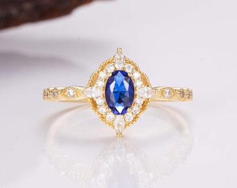 Ash Blue Sapphire Engagement Ring For Women- 14K Yellow Gold Vermeil Bridal Ring Promise 925- Anniversary Birthday Gift For Her Wedding Wife