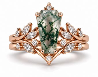 Briellia Vintage Coffin Cut Moss Agate Ring Set 14K Rose Gold Filled Engagement  Art Deco Gemstone Statement Anniversary Gift For Her Wife