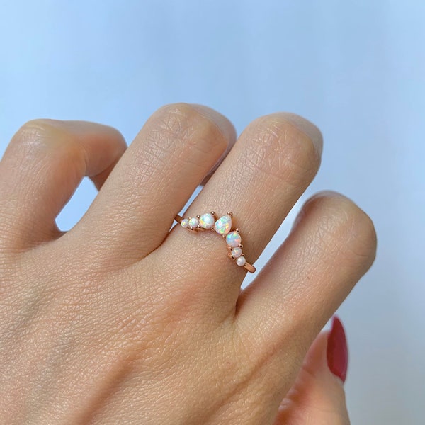 Isa Opal Stacking Ring 14K Rose Gold Filled Gift For Her Vintage Matching Bridal Promise Birthday Curved Band Engagement Sterling Silver 925