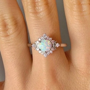 Hai Natural Fire Opal Ring 14K Rose Gold Celestial Crescent Sterling Silver Opal Engagement Women Unique Star Moon Phase Jewelry Vintage