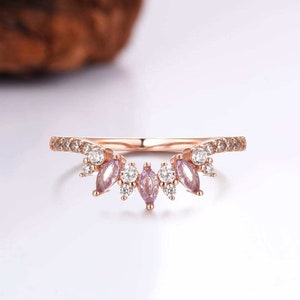 Noah Marquise Moissanite and Lilac Amethyst Wedding Ring 14K Rose Gold Filled Band Curved Wedding Stacking Promise Anniversary Crown Vintage