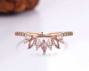 Noah Marquise Moissanite and Lilac Amethyst Wedding Ring 14K Rose Gold Filled Band Curved Wedding Stacking Promise Anniversary Crown Vintage