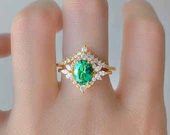 Nea Emerald Ring Set for Her – Vintage 14K Gold Vermeil May Birthstone Jewelry, Promise or Engagement Ring, Anniversary Gift