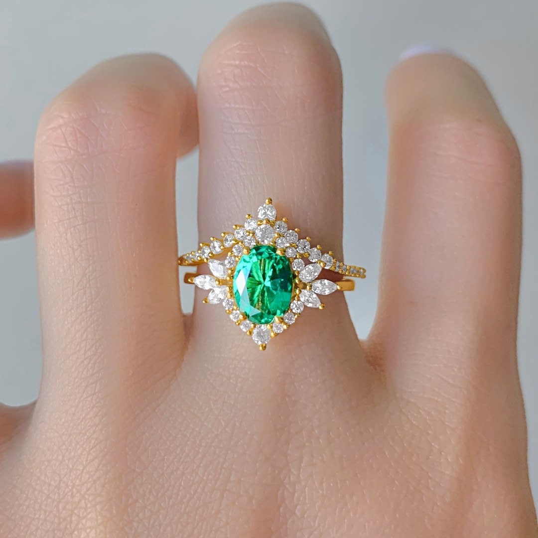 Nea Emerald Ring Set for Her – Vintage 14K Gold Vermeil May Birthstone Jewelry, Promise or Engagement Ring, Anniversary Gift