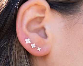 14K Solid Gold Stud Earrings Tiny Minimalist Earrings CZ Crystal Flower 14k Gold Screw back Mother’s Day Gift for Her Christmas gift Flower