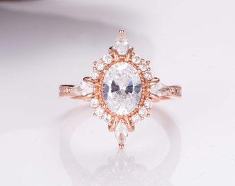 Mia Diamond Ring For Women - 14K Rose Gold Sterling Silver Diamond Engagement Ring- Wedding Ring April Birthstone Anniversary Gift For Her