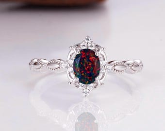 Fia Black Fire Opal Engagement Ring Gift For Her - Gemstone Sterling Silver 925 Promise Ring - Wedding Anniversary Birthday Gift For Women