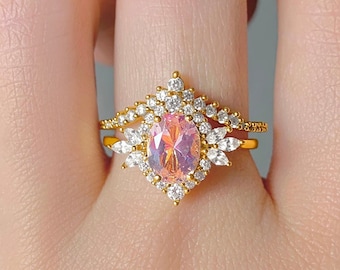 Nea Vintage Morganite Ring Set 14K Gold Vermeil Engagement Promise November Birthstone Anniversary Gift For Her Jewelry Birthday Bridal 925