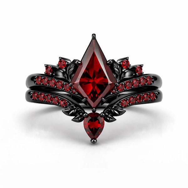 Erie Natural Art Deco Red Garnet Ring - 925 Gothic Black Sterling Silver Engagement Ring For Woman- Unique Gothic Promise Ring For Her Mom