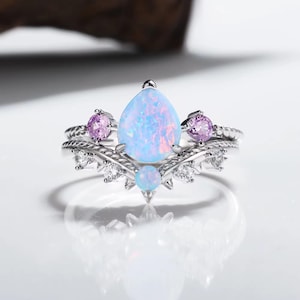 April Purple Opal and Amethyst Ring Set Dainty Minimalist Crystal Statement Sterling Silver Engagement Real Girlfriend Gift For Her Birthday
