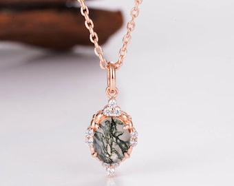 Brya Vintage Moss Agate Necklace Birthday Gift For Her 14K Gold Vermeil Art Deco Pendant Natural Gemstone Sterling Silver Minimalist Dainty