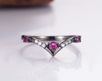 Nesa Curved Wedding Band Pink Sapphire Ring Black Gold Crown Top Chevron Triangle Matching Layering Vintage Gift For Her Anniversary 925