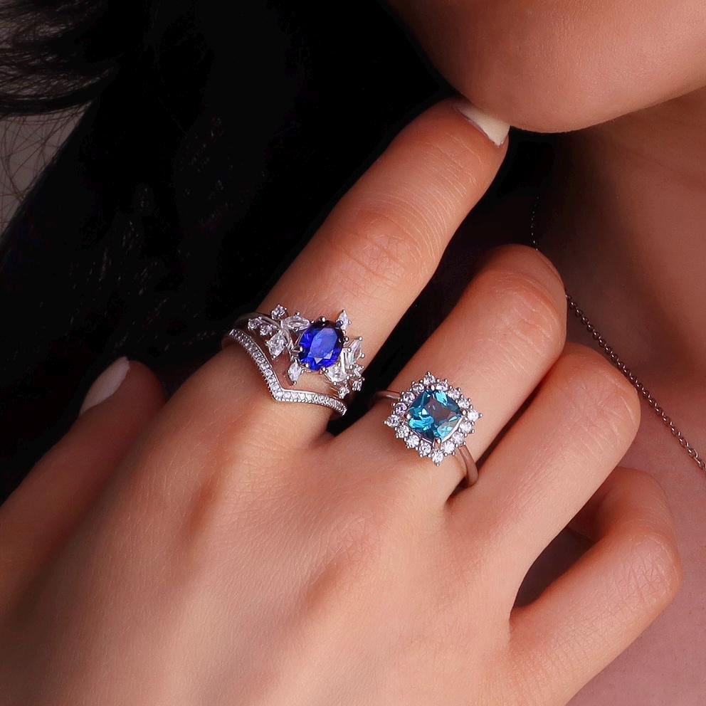 Fey London Blue Topaz Ring For Women Cushion Cut November Birthstone 14K Gold Filled Anniversary Gift For Her Birthday Silver 925 Promise