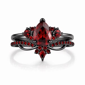 Rachel Natural Art Deco Red Garnet Ring - 925 Gothic Black Sterling Silver Engagement Ring For Woman- Unique Gothic Promise Ring For Her Mom