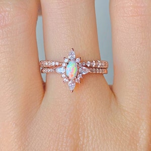 Zoe Natural Opal Ring Set 14K Rose Gold Filled Engagement Promise Minimalist Crystal Sterling Silver Wife Mom Birthday Gift For Her Diamond