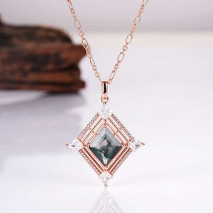 Fria Vintage Moss Agate Necklace Birthday Gift For Her 14K Rose Gold Vermeil Art Deco Pendant Natural Gemstone Sterling Silver Minimalist