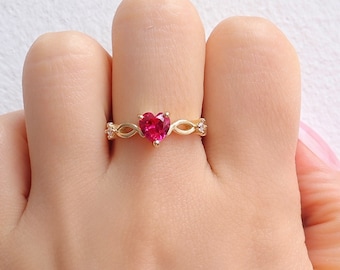 Lei Ruby Rings For Women - Sterling Silver Opal Heart Cut Ring - Ruby Jewelry - Unique Wedding Ring - July Birthstone Birthday Gift For Her