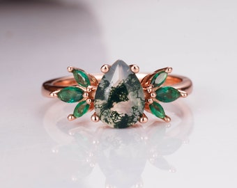 Ivy Vintage Green Moss Agate Emerald Ring 14K Rose Gold Filled Engagement Promise Anniversary Gift For Her Valentine's Day Sterling Silver