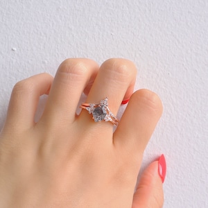 Aria Galaxy Raw Salt and Pepper Diamond Ring Set Sterling Silver 14K Rose Gold Natural Quartz \ Birthstone Anniversary Gift For Her Birthday