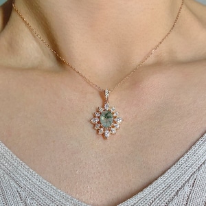 Lai Vintage Moss Agate Necklace Birthday Gift For Her 14K Gold Vermeil Art Deco Pendant Natural Gemstone Sterling Silver Minimalist Dainty
