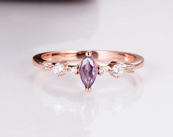 Ava Vintage Amethyst Ring 14K Rose Gold Filled Gift For Her Engagement Wedding Sterling Silver Rings For Women Wife Marquis Diamond Mom 925