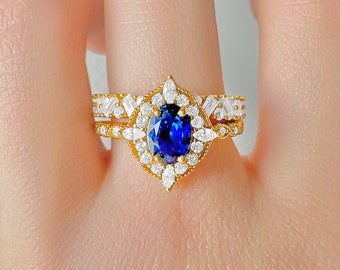 Ash Blue Sapphire Engagement Ring Set For Women - 14K Gold Filled Bridal Ring Set - Promise Ring - Anniversary Birthday Gift For Her Vintage