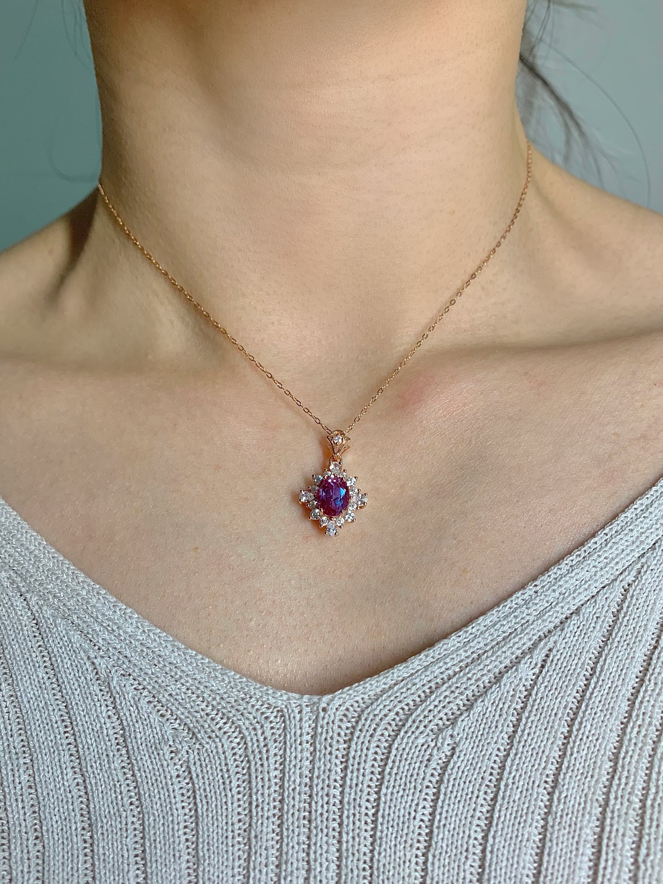 Phi Vintage Alexandrite Necklace 14K Rose Gold Anniversary Gift For Her Diamond Art Deco Jewelry Birthday June Birthone Real Blue Purple